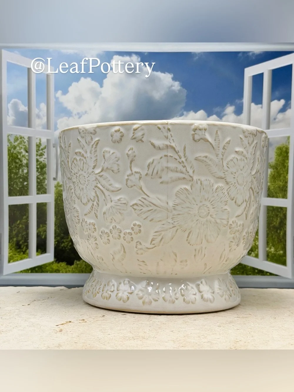Ceramic Floral Planter with Drainage Hole - 7.5 Inch White Embossed Flower Pot